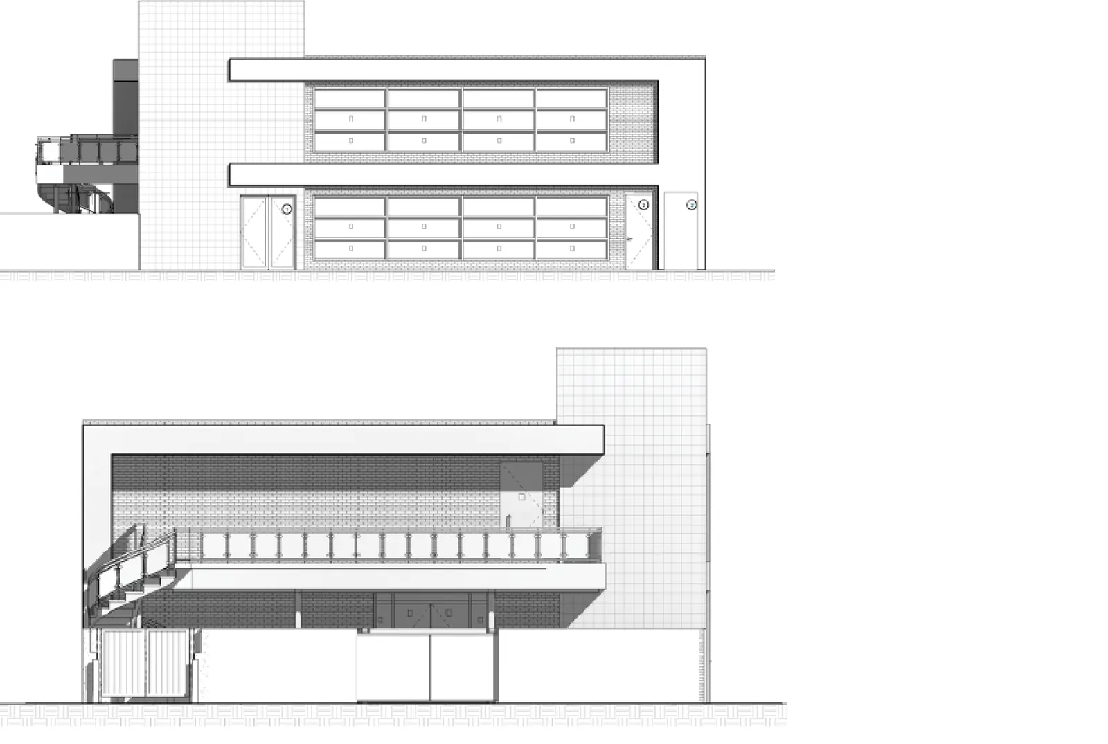 West and south elevations, Bauhaus, 1803 Pease St, Downtown Houston TX